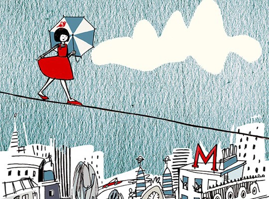 Children's illustration of girl walking on tight rope over city by Anna Hymas Children's illustration of girl walking on tight rope over city by Anna Hymas
