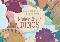 Front book cover illustrations from the children's dinosaur picture book, Nighty Night, Dinos, illustrated by Anna Doherty.