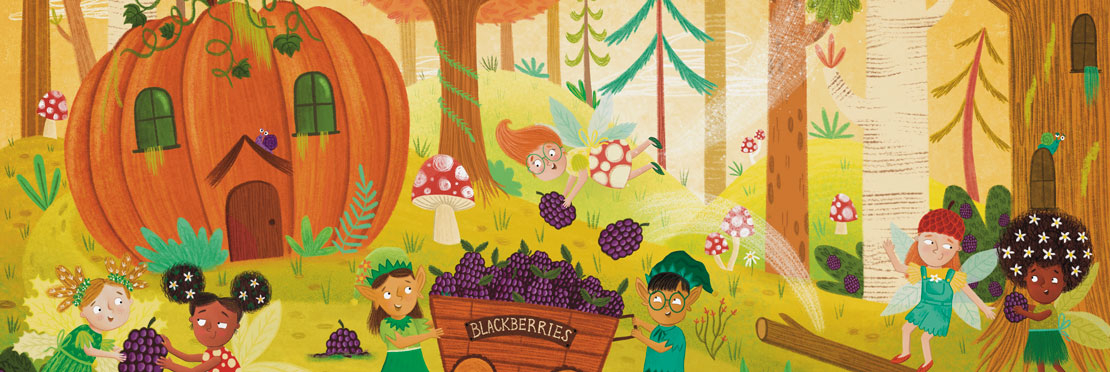 Illustration of fairies on harvest day by illustrator Hannah Jayne Lewin, represented by Kids Corner Illustration Agency