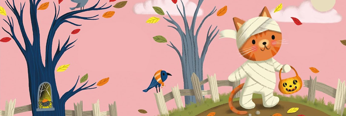 Illustration of a cat dressed up for halloween going trick or treating, illustrated by Nila Aye, represented by Kids Corner Illustration Agency
